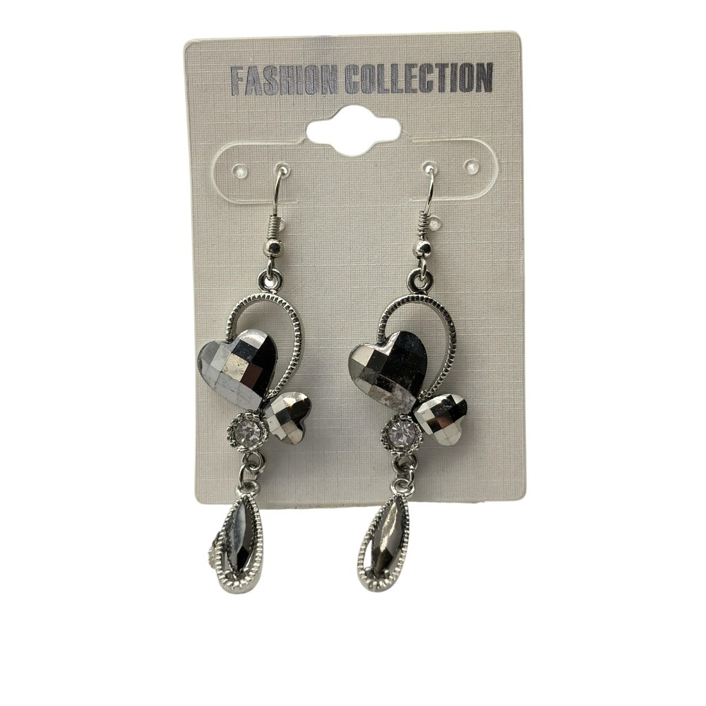 Fashion Collection Heart Dangle Drop Earrings Womens Silver Tone Gray Glass